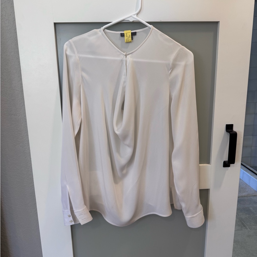 Vince Cream Long-Sleeve Draped Front Blouse